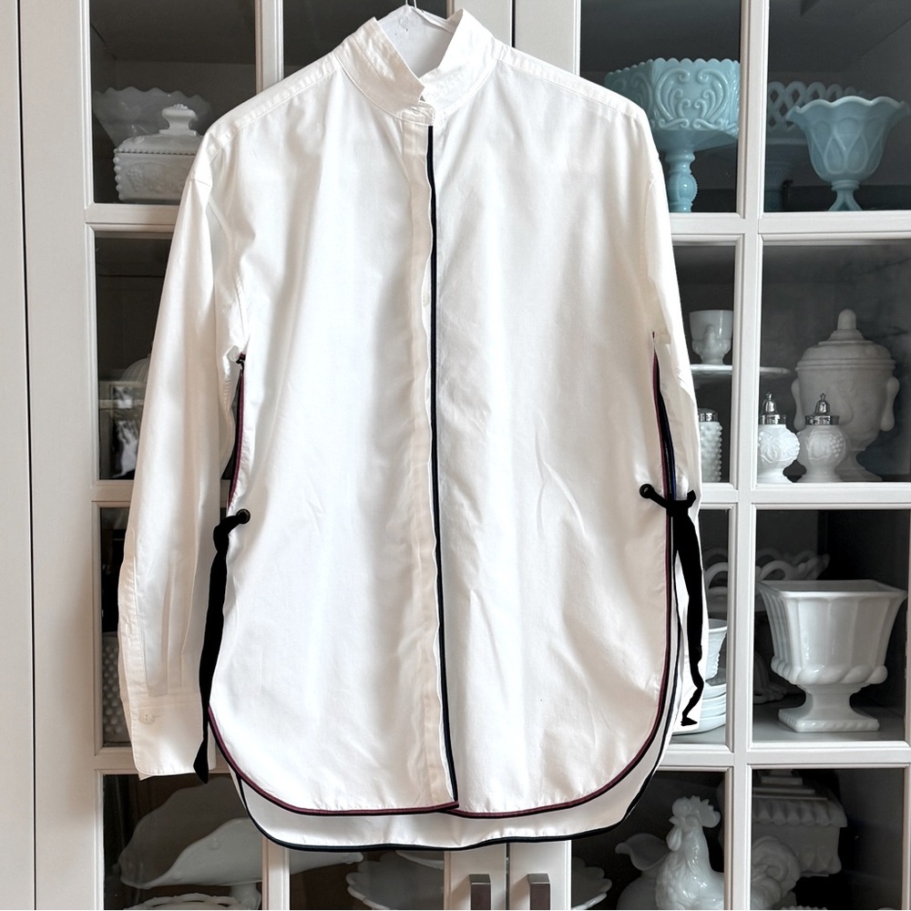 Rag & Bone White Blouse with Tie Sides and Blue and Pink Ribbon Trim